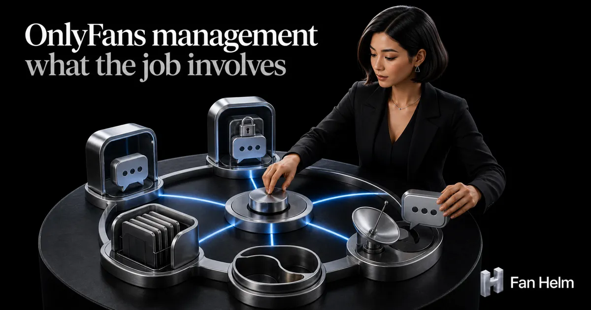 A manager orchestrates inbox, PPV, vault, promotion and money as five linked operating stations